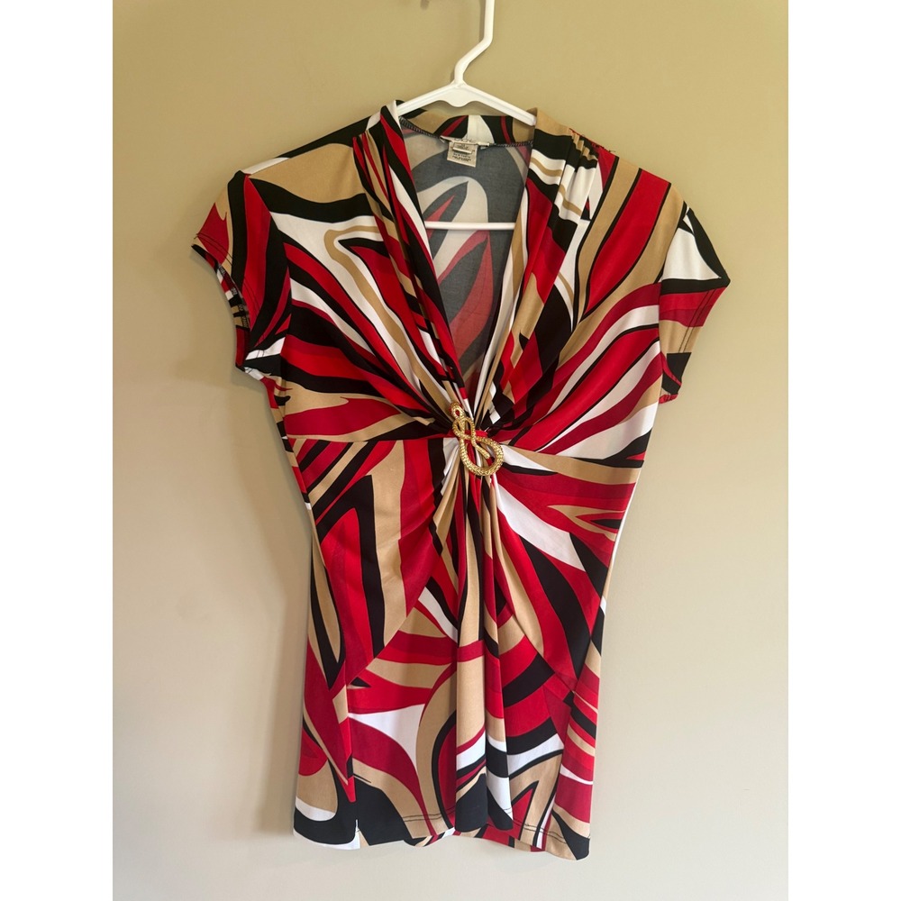 Cache Vintage Y2K Abstract Swirl Print V-Neck Top Gold Buckle Red Black Tan M